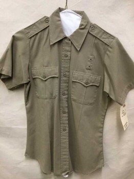 Womens, Fire/Police Shirt , FLYING CROSS, Tan Brown, Polyester, Rayon, Solid, 36, Button Front, Collar Attached, Short Sleeve,  Epaulets, 2 Batwing Flap Pockets, Creases, Badge Holder Patch