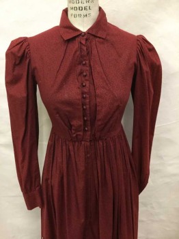 MTO, Red, Black, Cotton, Floral, Made To Order, Tiny Black Leaf Print On Red Cotton, Small Red Covered Buttons Center Front with Snaps For Skirt, Collar, Puff Long Sleeves with Cuffs, Large Mended Tears at Each Side Of Skirt, Condition Fair, Stain on Right Front Skirt,