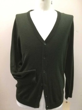 Mens, Cardigan Sweater, HAGGAR, Moss Green, Wool, Acrylic, Solid, L, V-neck, 5 Buttons,