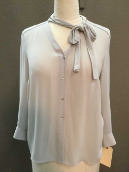 HUGO BOSS, Gray, Silk, Solid, BLOUSE:  Light Gray Sheer, V-neck, Pleat Collar Attached W/self Tie-neck, Button Front, Long Sleeves,