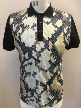 JUST CAVALLI, Black, Gray, Tan Brown, Brown, Cotton, Reptile/Snakeskin, Solid, Dark Gray/tan/cream/brown Reptile Front W/black Collar Attached, Front Placket, Short Sleeves, & Back, 3 Black Button Front W/gold Trim (**AND ONE EXTRA BUTTON in the BACK ATTACHED)