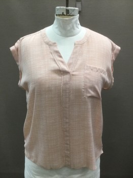 WORTHINGTON, Blush Pink, White, Polyester, Grid , Abstract , Blush with Abstract White Crossed Lines Pattern, Chiffon, Low Cap Sleeve with Folded Cuff, Round Neck with V Notch, 1 Patch Pocket