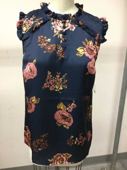 Modcloth, Navy Blue, Dusty Rose Pink, Dijon Yellow, Polyester, Floral, Sleeveless, 5 Buttons Center Front, Ruffle Trim,