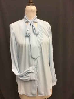 J CREW, Lt Blue, Polyester, Solid, V-neck with Tuck Pleat Detail, Covered Button Front. Self Tie at Neck, Long Sleeves with Cuffs