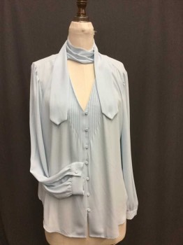 J CREW, Lt Blue, Polyester, Solid, V-neck with Tuck Pleat Detail, Covered Button Front. Self Tie at Neck, Long Sleeves with Cuffs
