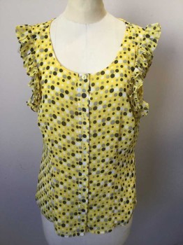 Womens, Blouse, JONES WEAR, Yellow, Black, Gray, White, Polyester, Polka Dots, 8, Yellow with Assorted White, Gray and Black Circles/Dots Pattern, Crinkled/Textured Chiffon, Sleeveless, Button Front, Scoop Neck, Self Ruffles at Arm Holes