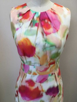 Womens, Dress, Sleeveless, KATE SPADE, Multi-color, Viscose, Abstract , Floral, 0, Sleeveless, Round Neck, Pleats at Neck, Gold Center Back Zipper,