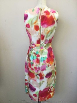 Womens, Dress, Sleeveless, KATE SPADE, Multi-color, Viscose, Abstract , Floral, 0, Sleeveless, Round Neck, Pleats at Neck, Gold Center Back Zipper,