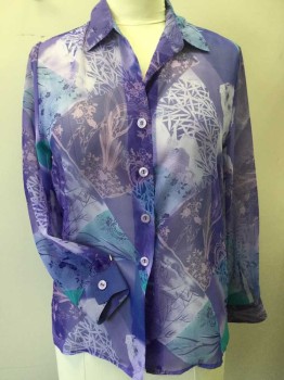 DRAPERS & DAMONS, Purple, Lavender Purple, Teal Green, Orchid Purple, Polyester, Floral, Sheer Purple, Lavender, Teal Green, Orchid Diamond Block Floral Print, Collar Attached, Button Front, Long Sleeves, Detatched 1 Pair of Shoulder Pads
