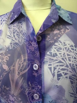 DRAPERS & DAMONS, Purple, Lavender Purple, Teal Green, Orchid Purple, Polyester, Floral, Sheer Purple, Lavender, Teal Green, Orchid Diamond Block Floral Print, Collar Attached, Button Front, Long Sleeves, Detatched 1 Pair of Shoulder Pads