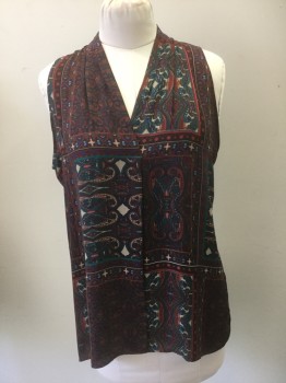 VIOLET & CLAIRE, Emerald Green, French Blue, Red, Beige, Rust Orange, Polyester, Paisley/Swirls, Poly Crepe, Novelty Paisley Print. V.neck with Faux Hidden Placet at Center Front, Sleeveless