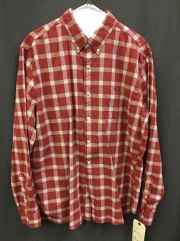 Mens, Casual Shirt, JCREW, Lt Gray, Red, Green, Cotton, Elastane, Plaid, L, Lt Gray/ Red/ Green Plaid, Button Front, Button Down Collar, Long Sleeves, 1 Pocket,