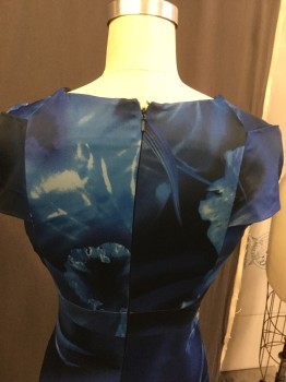 KAREN MILLEN, Black, Blue, Acetate, Polyester, Floral, Scoop Neck Pleated Cap sleeve Side Pleated Detail