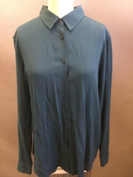 UNIQLO, Teal Blue, Silk, Solid, Collar Attached, Button Front, Long Sleeves,