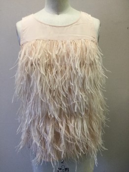 OLIVIA PALERMO, Lt Pink, Silk, Feathers, Solid, Sleeveless Silk Camisole, Ostrich Feather Front, Keyhole Back