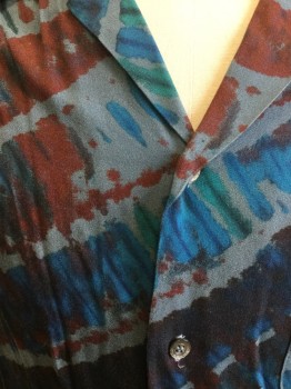 MISSONI, Slate Blue, Teal Blue, Aqua Blue, Turquoise Blue, Red, Rayon, Novelty Pattern, Collar Attached, Button Front, Short Sleeves,