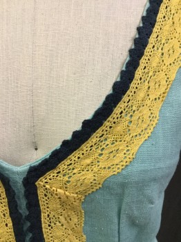 KNITTED DOVE, Mint Green, Yellow, Navy Blue, Linen, Solid, Deep V.neck, Dress in Mint Green with Yellow & Navy Lace Trim at V.neck, Navy Hemline, Zipper Center Back,