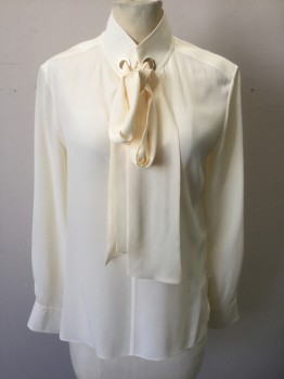 CHLOE, Cream, Silk, Solid, Crepe, Stand Collar, Pullover, V-neck, 2 Large Gold Metal Grommets, Separate Self Fabric Tie, L/S, Cuffs, CB Pleat & Tab