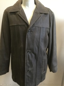 Mens, Leather Jacket, WEATHER MAN, Brown, Leather, Solid, M, 3 Button Front, Peaked Lapel, Seam Detail