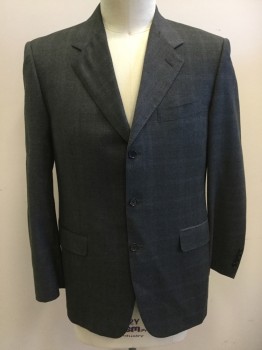 CANALI, Dk Gray, Blue, Tan Brown, Wool, Plaid, Heathered, Light Plaid, Single Breasted, Collar Attached, Notched Lapel, 3 Buttons,  3 Pockets, Hand Picked Collar/Lapel