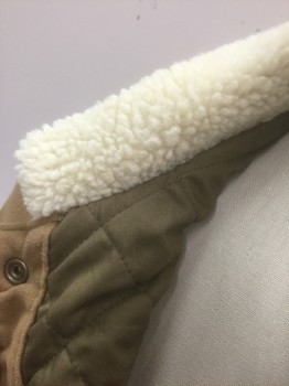 Mens, Casual Jacket, BANANA REPUBLIC, Beige, Cream, Cotton, Polyester, Solid, L, Soft Fabric with Pile, Cream Fleece Collar Attached, Snap Closures at Front, 4 Pockets, Light Brown Quilted Lining