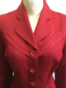 Womens, Suit, Jacket, NORMA KAMALI, Red, Wool, Solid, 8, Single Breasted, Clover Notched Shawl Collar, 4 Buttons, 2 Pockets with Self Stripe Panel Trim, Curved Panel Lines From Top Button