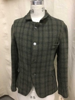 N/L, Olive Green, Brown, Black, Wool, Plaid, Collar Attached, Single Breasted, 4 Button Front, 3 Fake Pockets W/flaps, Long Sleeves, No Lining,