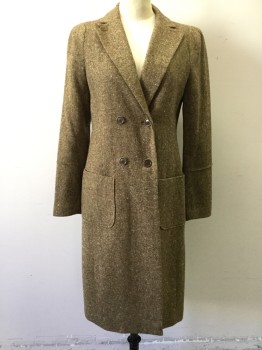 N/L, Brown, Mustard Yellow, Wool, Spandex, Tweed, Double Breasted, Collar Attached, Notched Lapel, 2 Pockets, Horizontal Tuck Pleat at Forearm, Darted Shoulder Inset