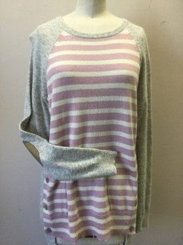 Womens, Pullover, J CREW, Periwinkle Blue, White, Heather Gray, Wool, Stripes, Color Blocking, XS, Periwinkle/White Strip Font, Heather Gray Sleeves/Back, Raglan Long Sleeves, Ecru Oval Elbow Patches, Front Panel Buttoned to Back Panel, Ribbed Knit Scoop Neck/Cuff/Waistband