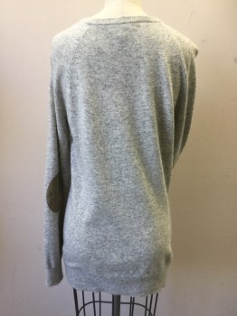 Womens, Pullover, J CREW, Periwinkle Blue, White, Heather Gray, Wool, Stripes, Color Blocking, XS, Periwinkle/White Strip Font, Heather Gray Sleeves/Back, Raglan Long Sleeves, Ecru Oval Elbow Patches, Front Panel Buttoned to Back Panel, Ribbed Knit Scoop Neck/Cuff/Waistband