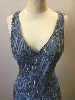 ADRIANNA PAPELL, Slate Blue, Silver, Gray, Polyester, Beaded, Geometric, Slate Blue Sheer Net with Silver and Gray Beads and Sequins in Art Deco Inspired Geometric Pattern, Opaque Solid Polyester Base Layer, Sleeveless, V-neck, Sheer Net See Through Triangular Panels at Side Waist and Lower Back, Open Back, Flared Hem with Godet Panels, Floor Length Hem