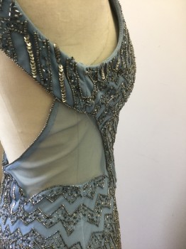 ADRIANNA PAPELL, Slate Blue, Silver, Gray, Polyester, Beaded, Geometric, Slate Blue Sheer Net with Silver and Gray Beads and Sequins in Art Deco Inspired Geometric Pattern, Opaque Solid Polyester Base Layer, Sleeveless, V-neck, Sheer Net See Through Triangular Panels at Side Waist and Lower Back, Open Back, Flared Hem with Godet Panels, Floor Length Hem