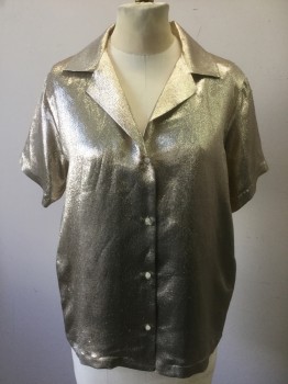 Womens, Blouse, MAJE, Gold, Silk, Polyester, Solid, 2, Short Sleeves, Button Front, Notched Collar