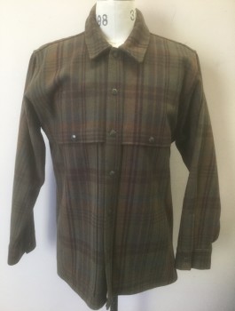 FILSON, Dk Olive Grn, Ochre Brown-Yellow, Red Burgundy, Brown, Wool, Plaid, Heavy Wool, Long Sleeves, Snap Front, Collar Attached,  Yoke/Over Layer Across Chest with Snap Closures, Pockets Underneath