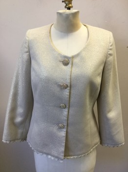 Womens, Suit, Jacket, KASPER, Gold, Taupe, Polyester, Cotton, 8, Pebbled Pattern, Gold on Taupe, Single Breasted, No Collar, 4 Gold/rhinestone Buttons, 3/4 Sleeve, Embroidered Scallopped Hem