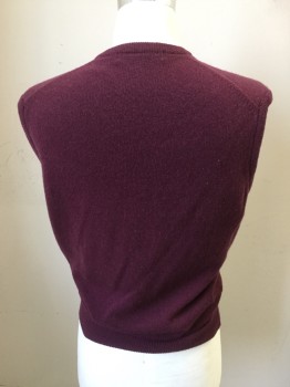 Mens, Sweater Vest, COOPER & ROE, Red Burgundy, Wool, Solid, S, V-neck, Ribbed Knit Neck/armholes/Waistband