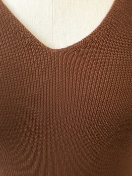 ELLEN TRACY , Brown, Cotton, Solid, Rib Knit, V-neck, Sleeveless