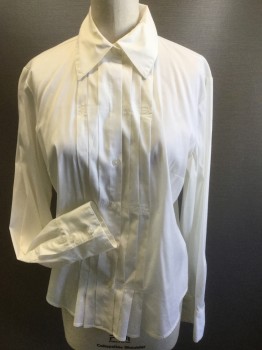 MOSSIMO, White, Cotton, Spandex, Solid, Button Front, Long Sleeves, Collar Attached, Pleated Front