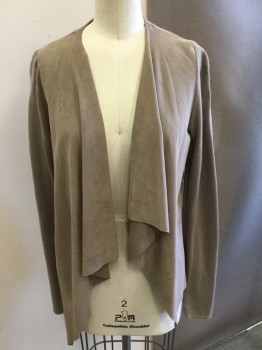 Womens, Sweater, TAHARI, Taupe, Wool, Nylon, Solid, S, Draped Open Front W/faux Suede, Knit Sleeves and Back