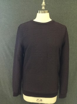 TOPMAN, Aubergine Purple, Polyester, Elastane, Solid, Textured Knit Stripes, Long Sleeves, Ribbed Knit Crew Neck, Ribbed Knit Waistband/Cuff