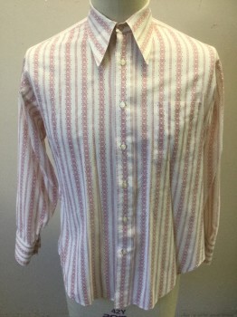 Mens, Dress Shirt, SHAPELY, White, Brick Red, Stripes - Vertical , Geometric, Slv:33, N:16.5, Long Sleeve Button Front, Collar Attached, 1 Patch Pocket,