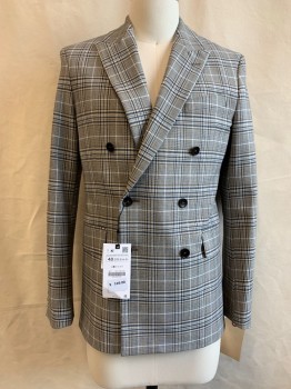 ZARA, Lt Gray, Navy Blue, Brown, Synthetic, Plaid, Double Breasted, 6 Buttons, Peaked Lapel, Collar Attached, 3 Pockets,