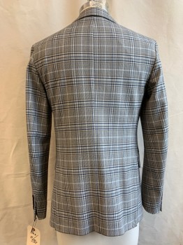 ZARA, Lt Gray, Navy Blue, Brown, Synthetic, Plaid, Double Breasted, 6 Buttons, Peaked Lapel, Collar Attached, 3 Pockets,