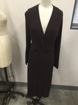 Womens, Cocktail Dress, MAX MARA, Plum Purple, Wool, Cotton, Solid, 4, Jersey, Cross Over Bust, Long Sleeves, Rouching Detail at Front /back Skirt