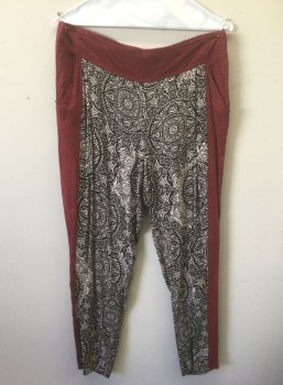 Womens, Pants, FREESTYLE, Black, Ecru, Dk Red, Beige, Navy Blue, Rayon, Geometric, Abstract , XL, Black and Ecru Swirled Busy Geometric Pattern, Dark Red with Beige and Navy Tiny Diamonds Pattern at Waistband and Leg Outseam, Elastic Waist in Back, Tapered Leg, 2 Side Pockets