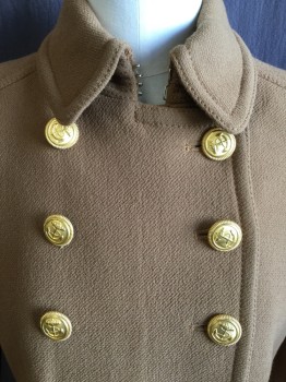 J.  CREW, Camel Brown, Copper Metallic, Wool, Acetate, Solid, Shinny Copper Lining, 3/4 Length, Collar Attached, Double Breasted, Gold Button Front, 3 Pockets Flaps Long Sleeves, with Self Detach Bet