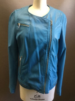 Womens, Leather Jacket, REBECCA TAYLOR, Turquoise Blue, Leather, Solid, B36, 4, Off Center Zipper,  3 Zipper Pockets, Zipper Detail at Hip and Sleeves