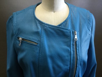 Womens, Leather Jacket, REBECCA TAYLOR, Turquoise Blue, Leather, Solid, B36, 4, Off Center Zipper,  3 Zipper Pockets, Zipper Detail at Hip and Sleeves