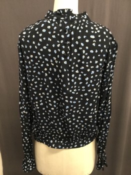 SANCTUARY, Black, White, Lt Blue, Rayon, Dots, High Neck with Ruffle, Rouchied Front, Ls, Elastic Wrist with Ruffle, Waist Band