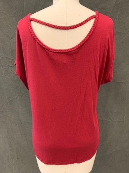 TWO By VINCE CAMUTO, Dk Red, Cotton, Modal, Solid, Braided Boat Neck, Cap Sleeve, Scoop Back Neck with Braided Strap Across, High-Low Hem